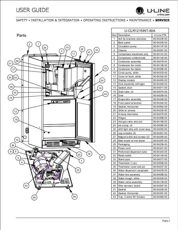 U-Line U-CLR1215INT-00A Parts List