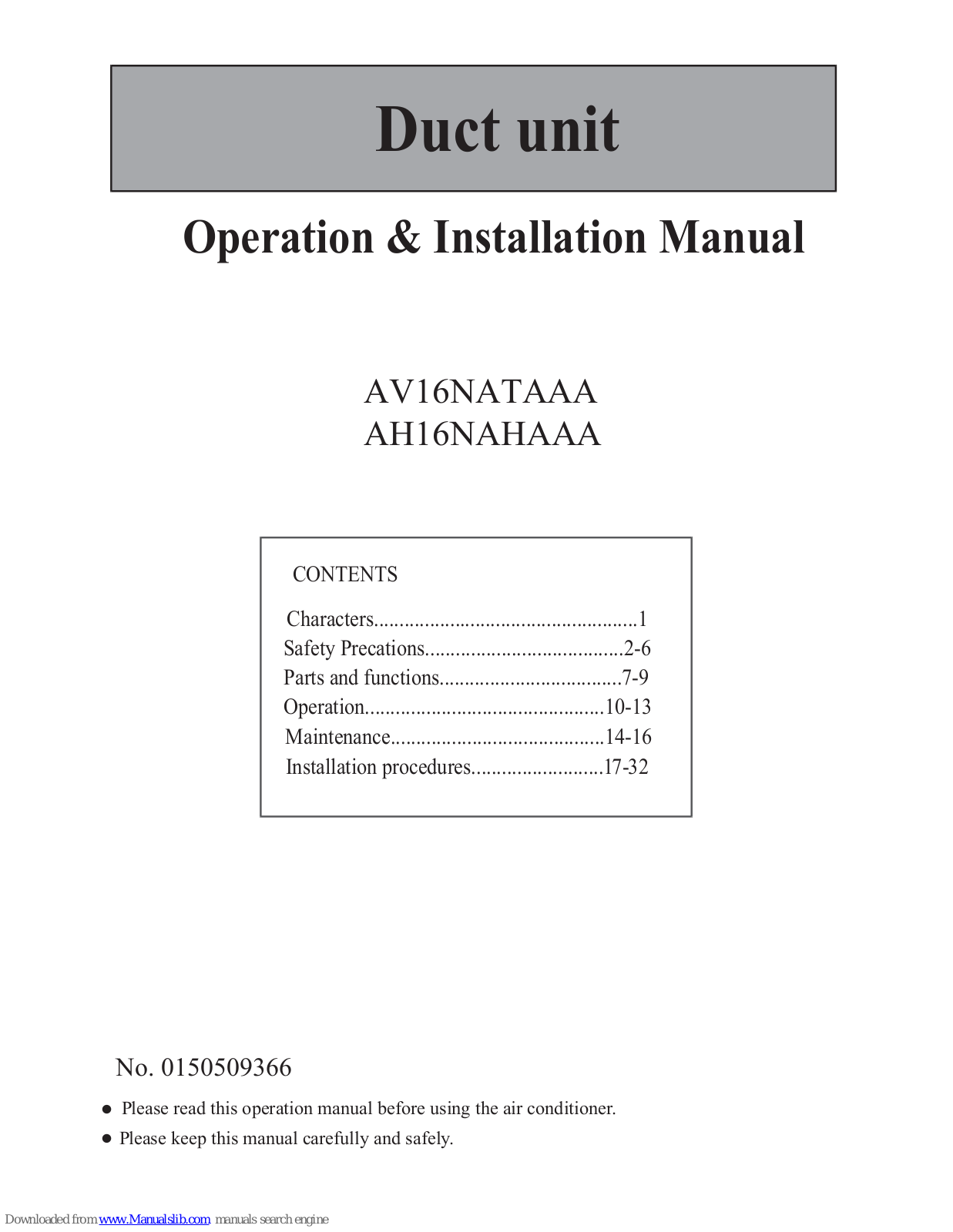 Haier AV16NATAAA, AH16NAHAAA Operation & Installation Manual