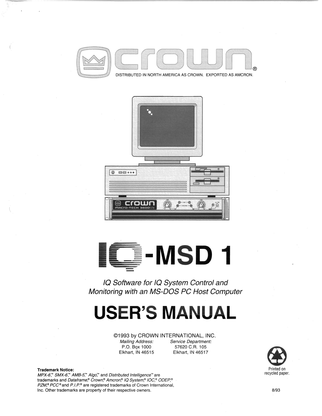 Crown Audio IQ-MSD 1 User Manual