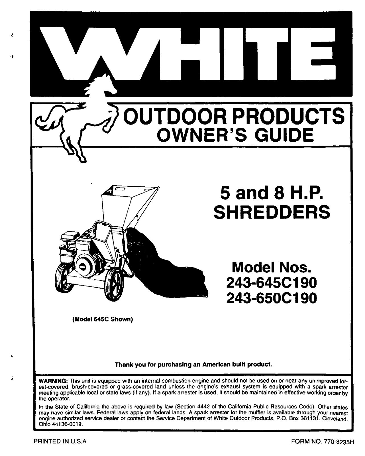 white outdoor products 243-645C190, 243-650C190 owners Manual