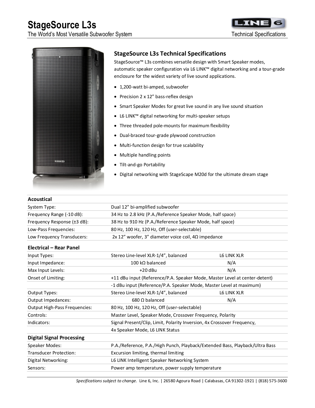 Line6 StageSource L3S Technical Specifications