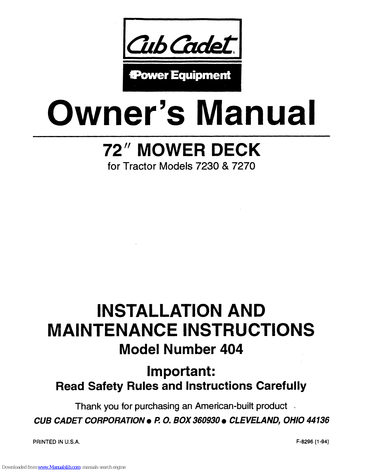 Cub Cadet 72'' mower deck, 404 Owner's Manual