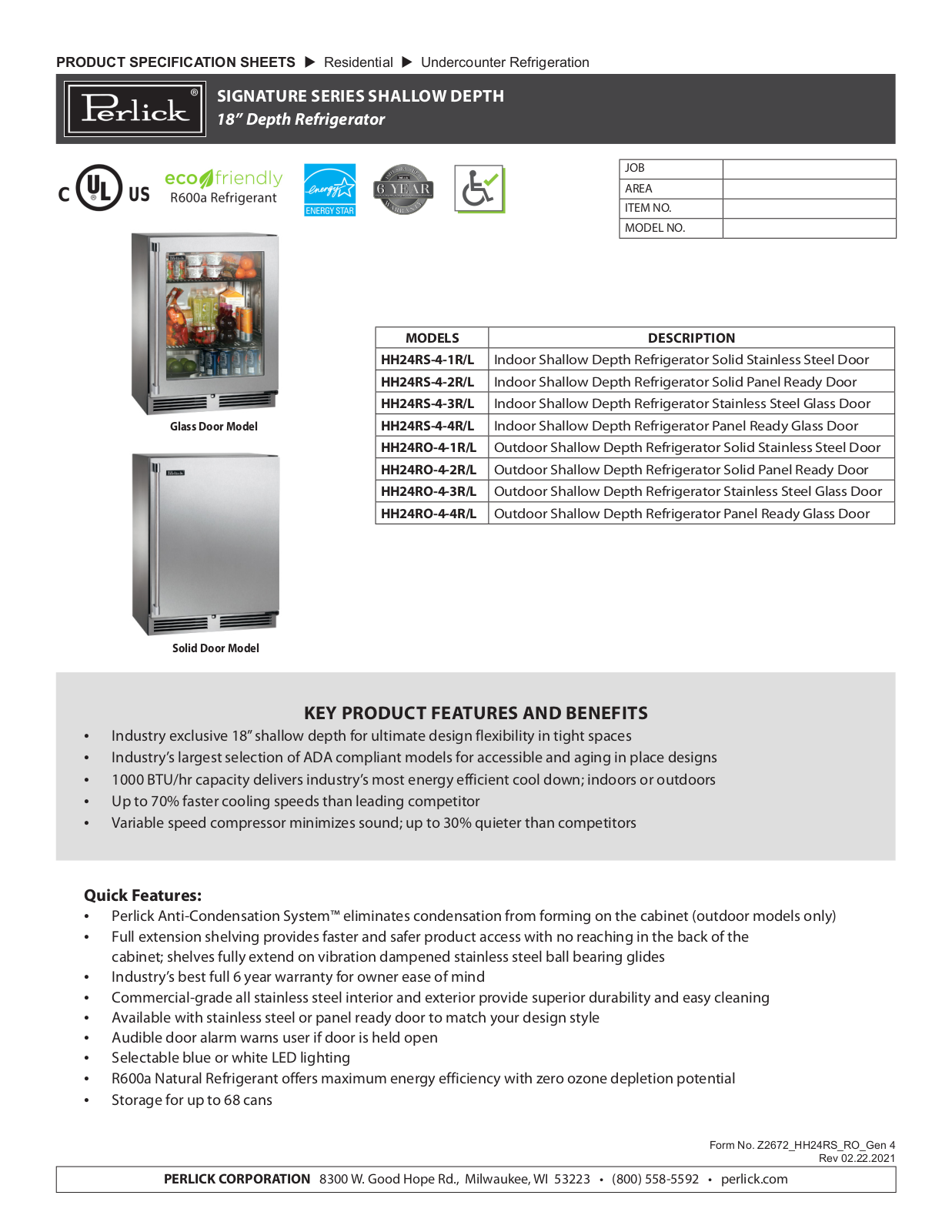 Perlick HH24RS-4-1R, HH24RS-4-2R, HH24RS-4-3R, HH24RS-4-4R, HH24RO-4-1R Specification Sheet