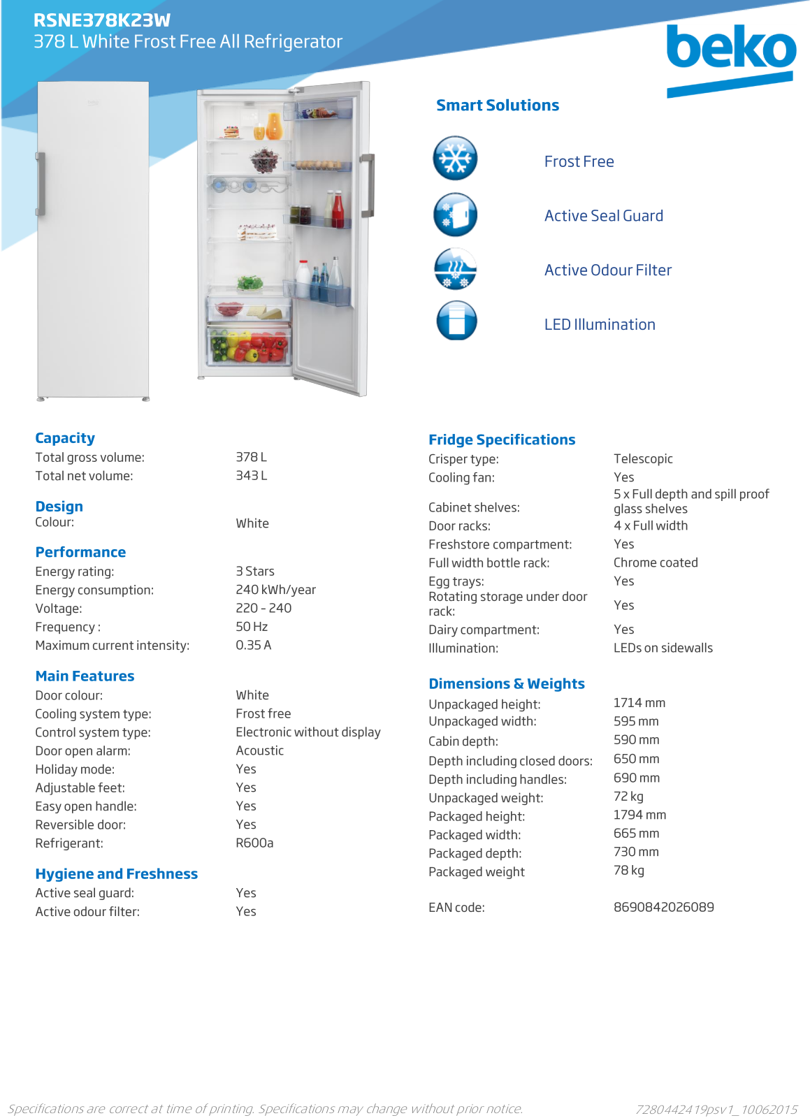 Beko RSNE378K23W, RFNE290E23WRSNE Specifications Sheet