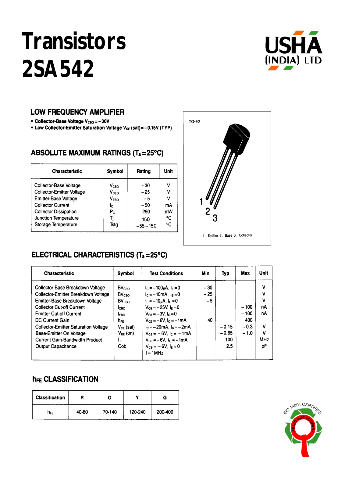 USHA 2SA542 Datasheet