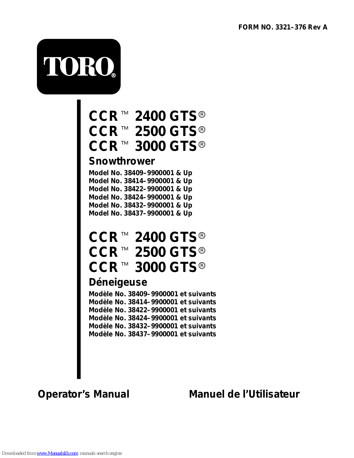 Toro CCR 2400 GTS, CCR 2500 GTS, CCR 3000 GTS Operator's Manual