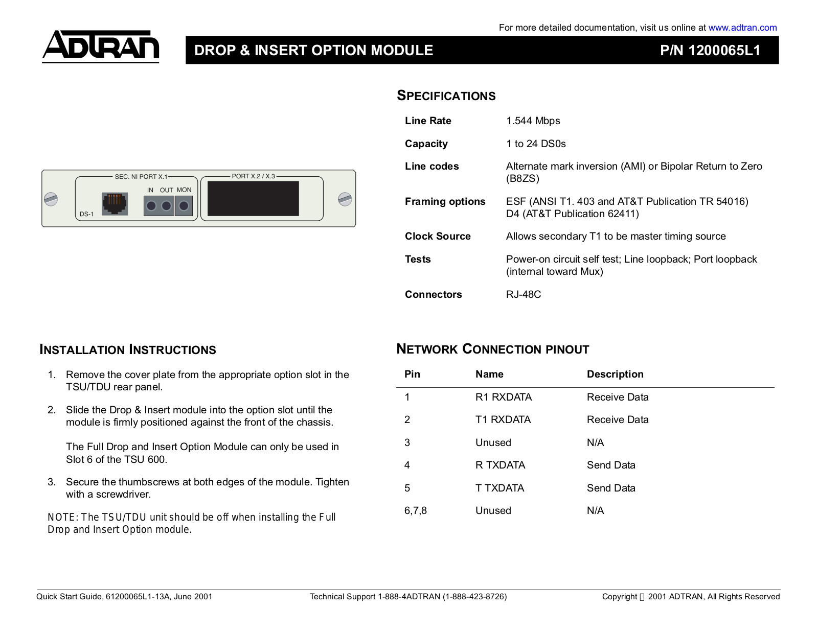 ADTRAN Drop and Insert Option Module INSTALLATION INSTRUCTIONS