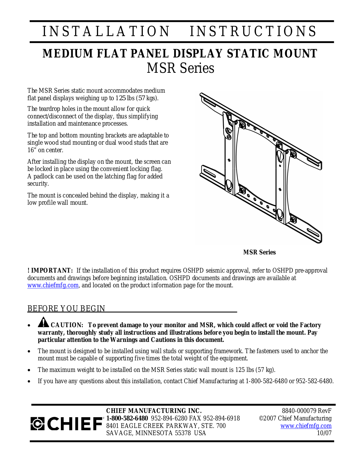 Chief Manufacturing MSR User Manual