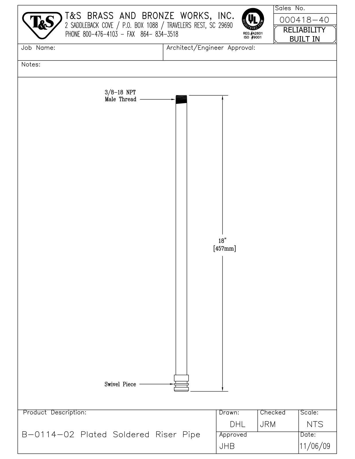 T & S Brass & Bronze Works 000418-40 General Manual