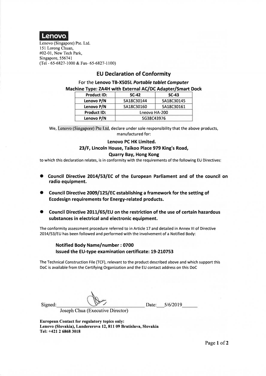 Lenovo TB-X505L Declaration of Conformity