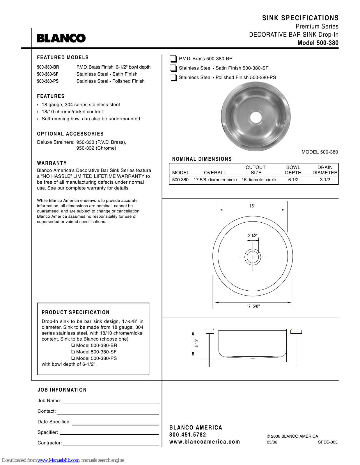 Blanco 500-380-BR, 500-380-SF, 500-380-PS Specification Sheet - ManualMachine.com