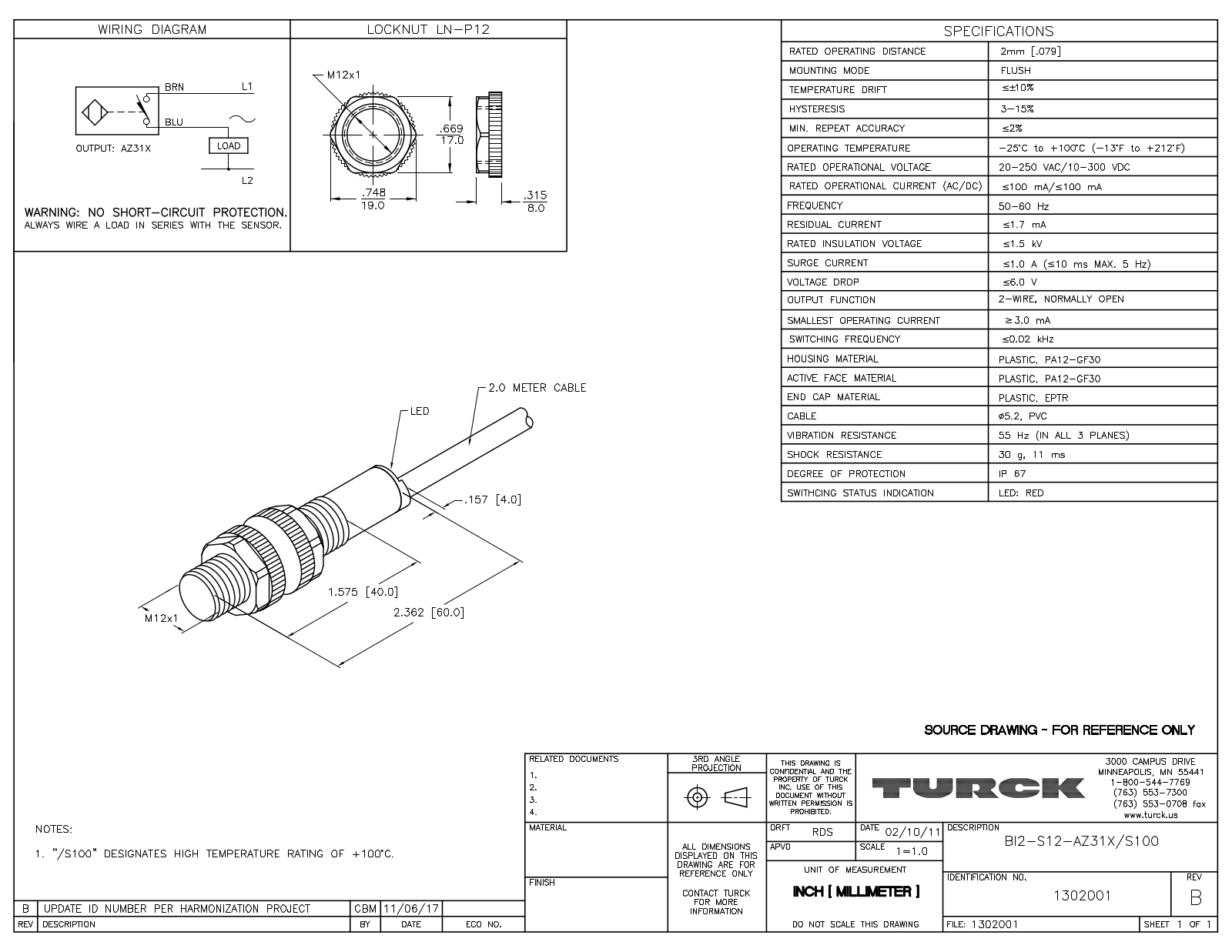 Turck BI2-S12-AZ31X/S100 Data Sheet