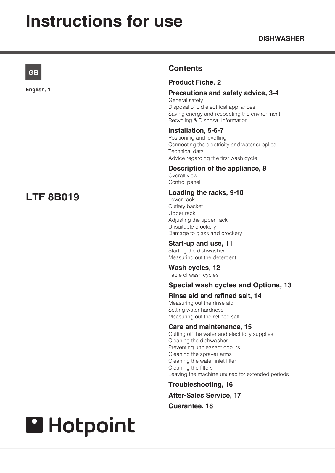 Hotpoint LTF 8B019 Instruction manual