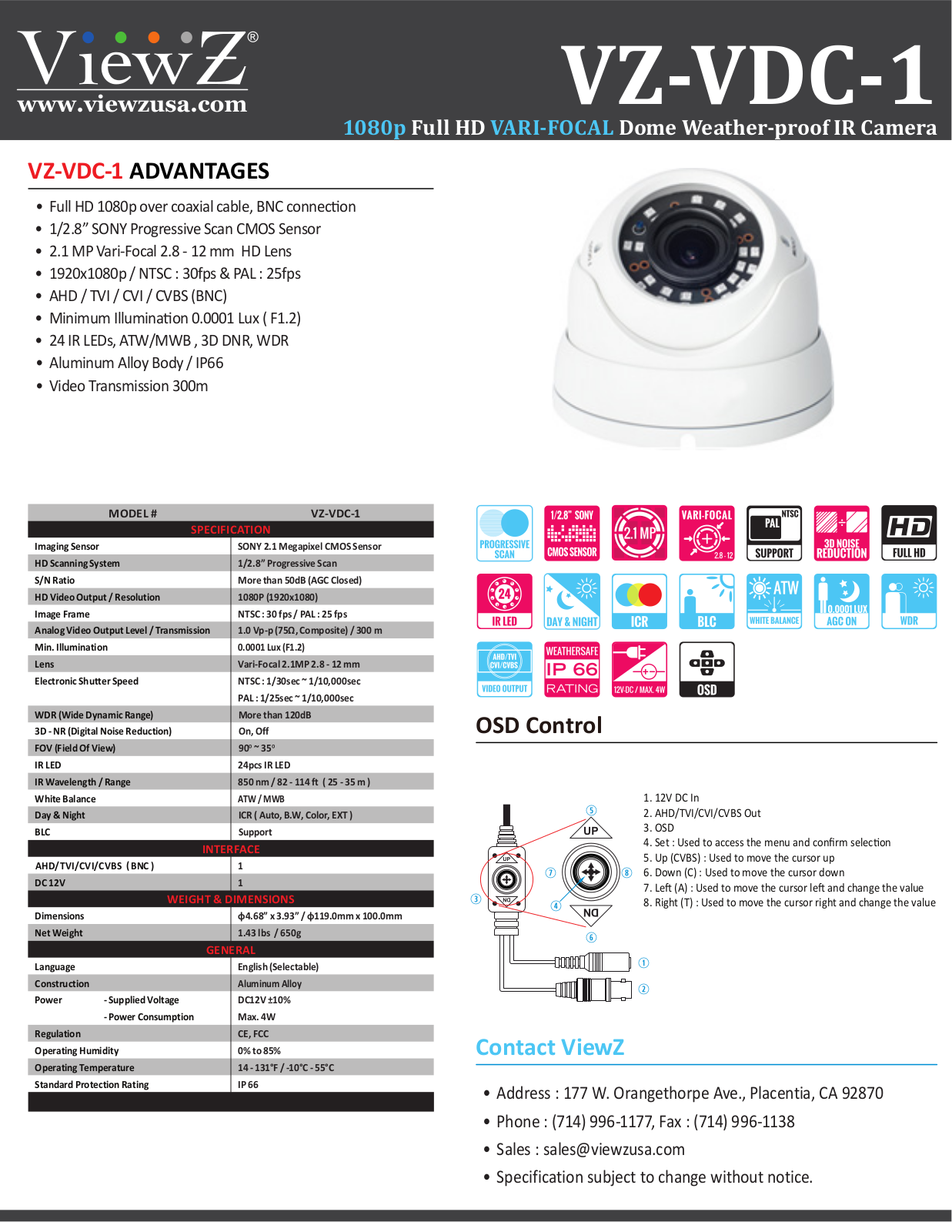 ViewZ VZ-VDC-1 Specsheet