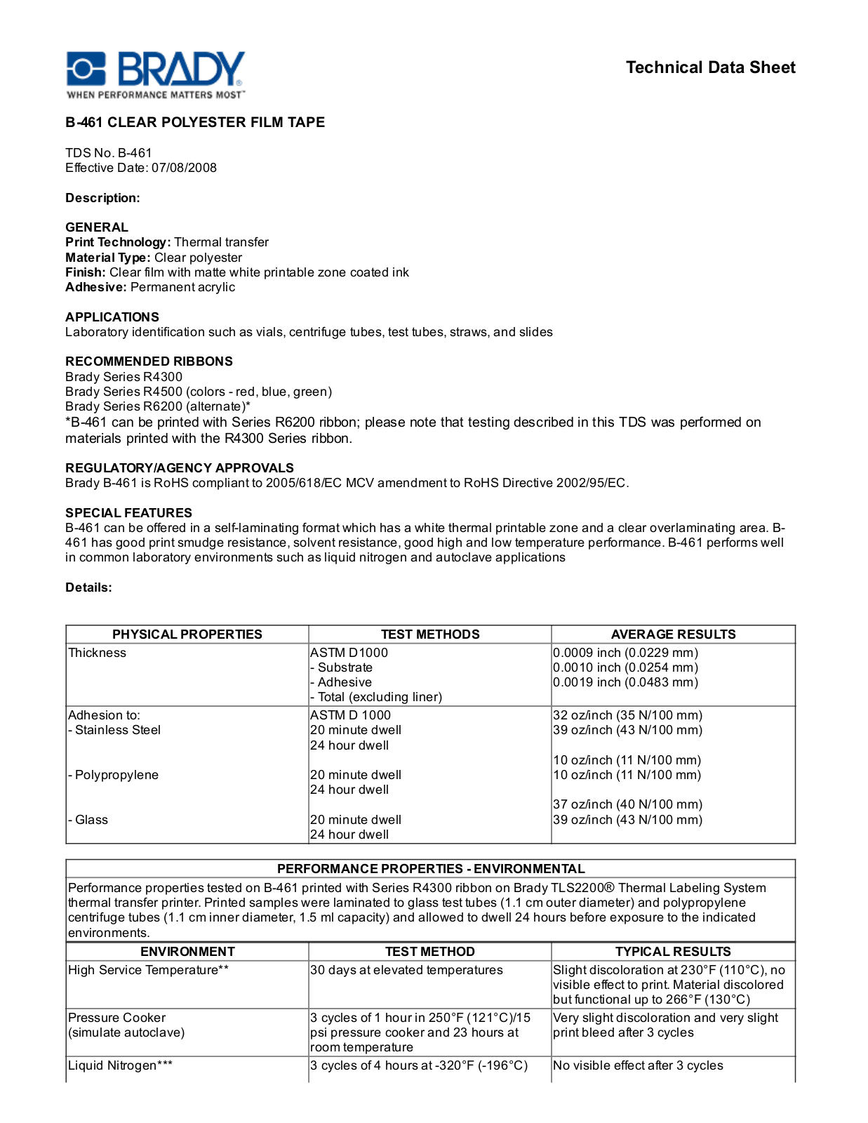 Brady B­461 Technical Data