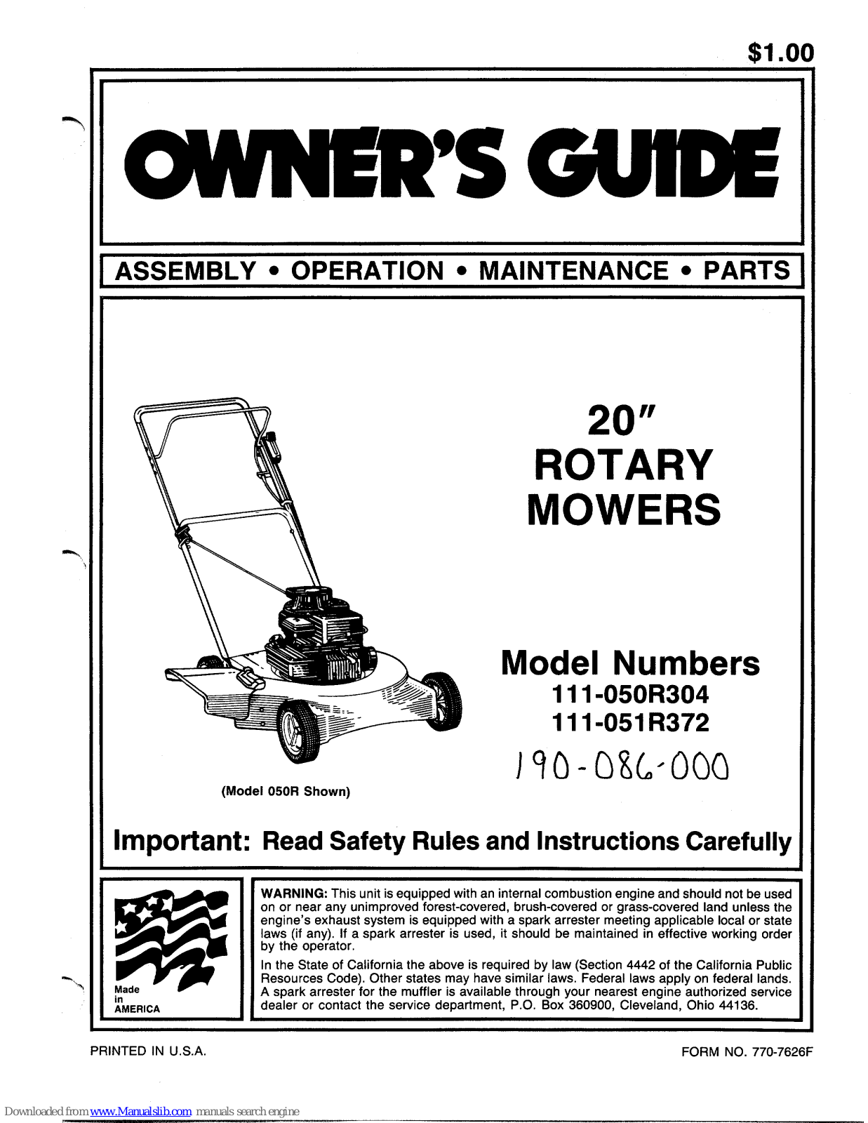 MTD 111-050R304, 111-051R372, 190-086-000, 050R, 051R Owner's Manual