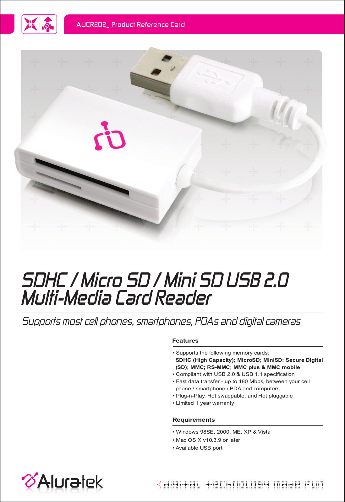 Aluratek SDHC, Mini SD USB 2.0, Micro SD User Manual