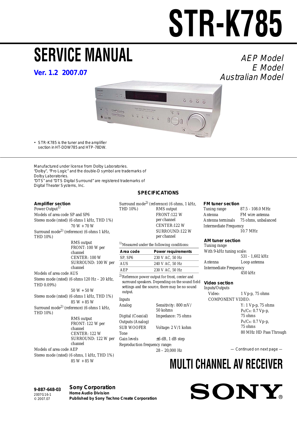 Sony STR-K785 Service Manual