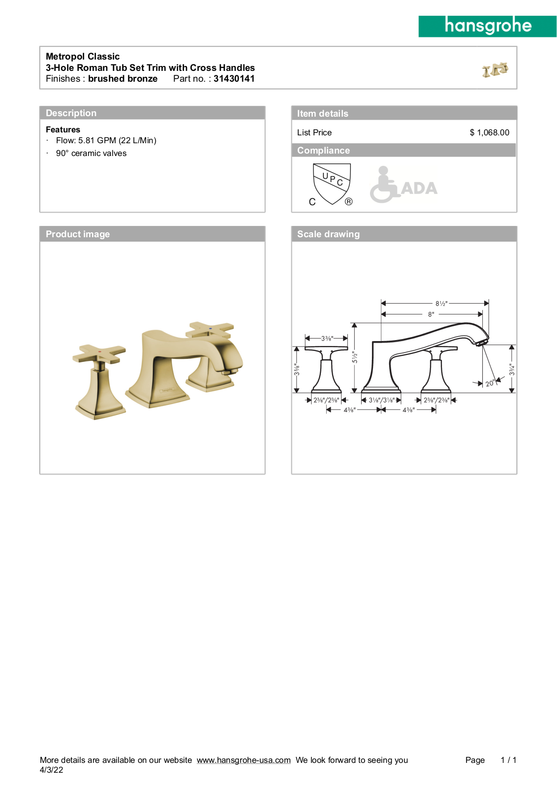 Hansgrohe GCDC1910 Specifications - ManualMachine.com