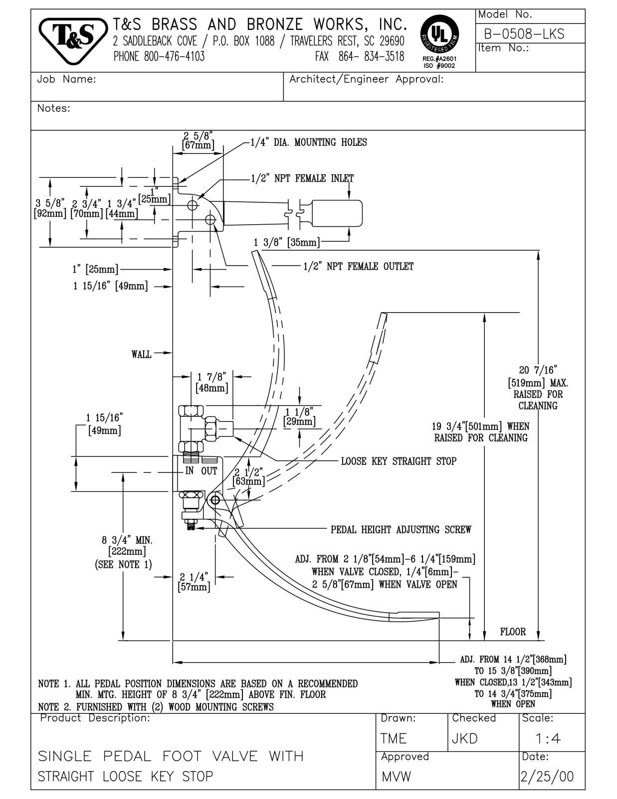 T & S Brass & Bronze Works B-0508-LKS General Manual