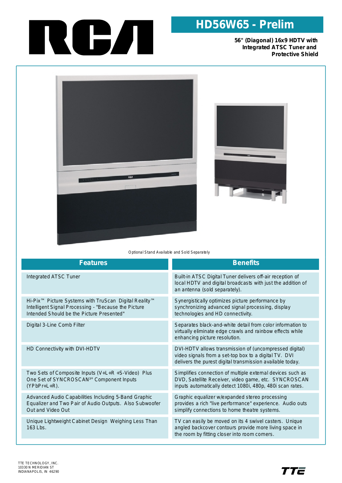 RCA HD56W65 Specification Sheet