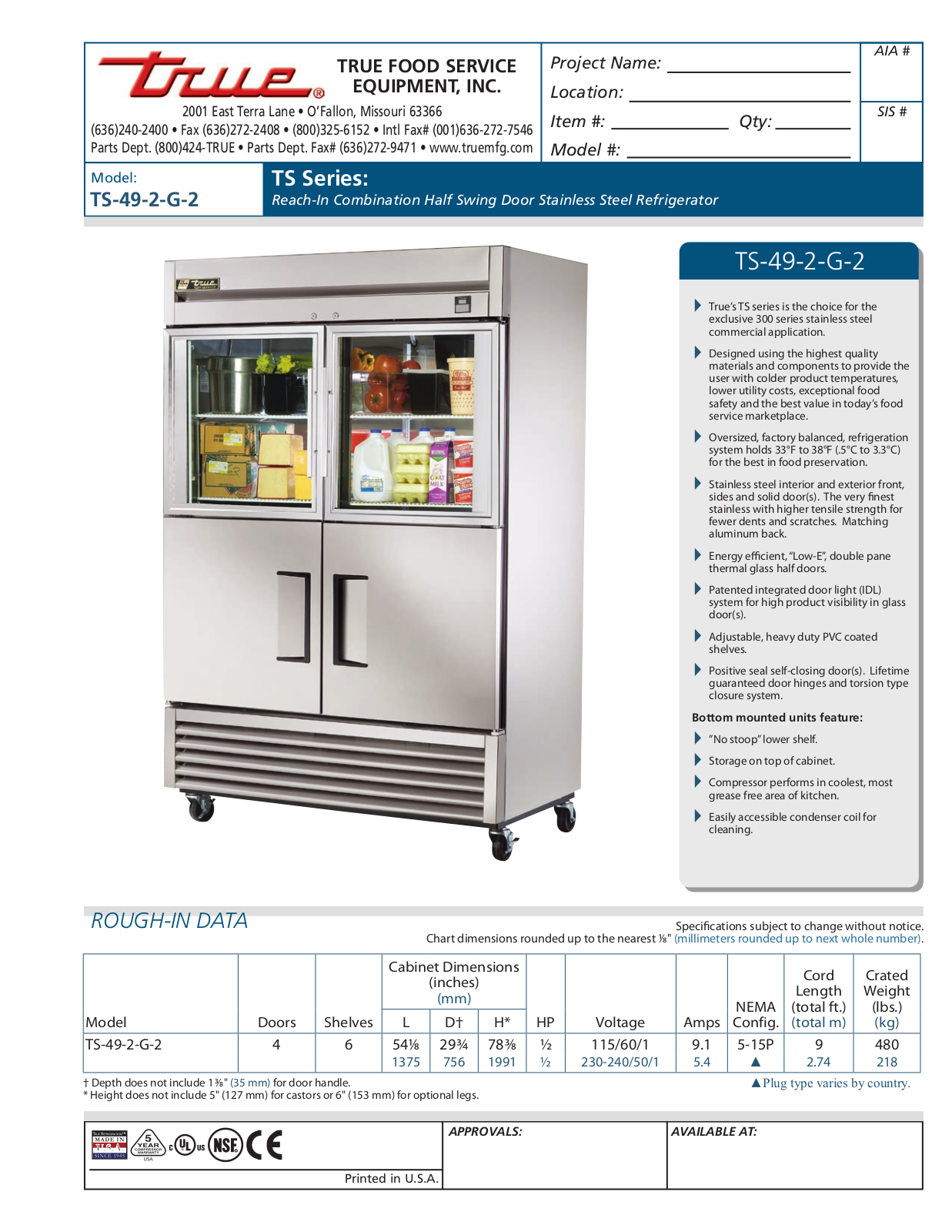 True TS-49-2-G-2 Specifications