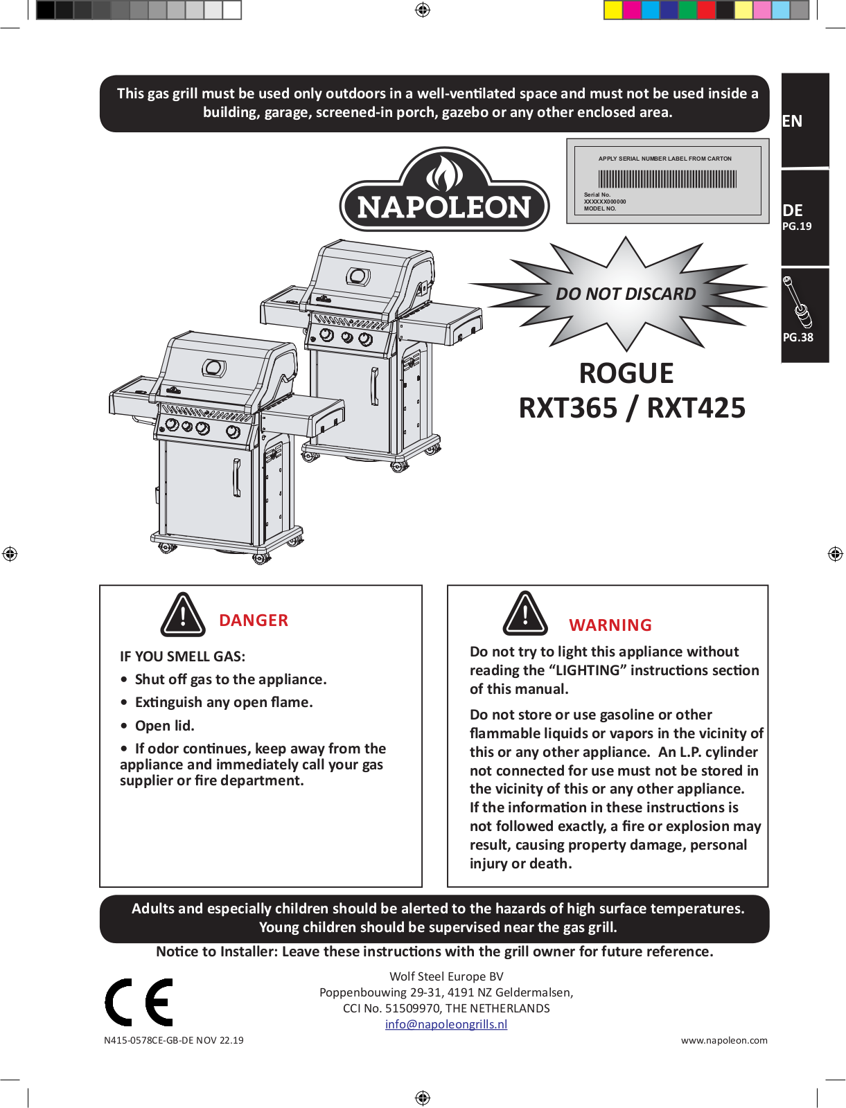 Napoleon RXT365, RXT425 operation manual