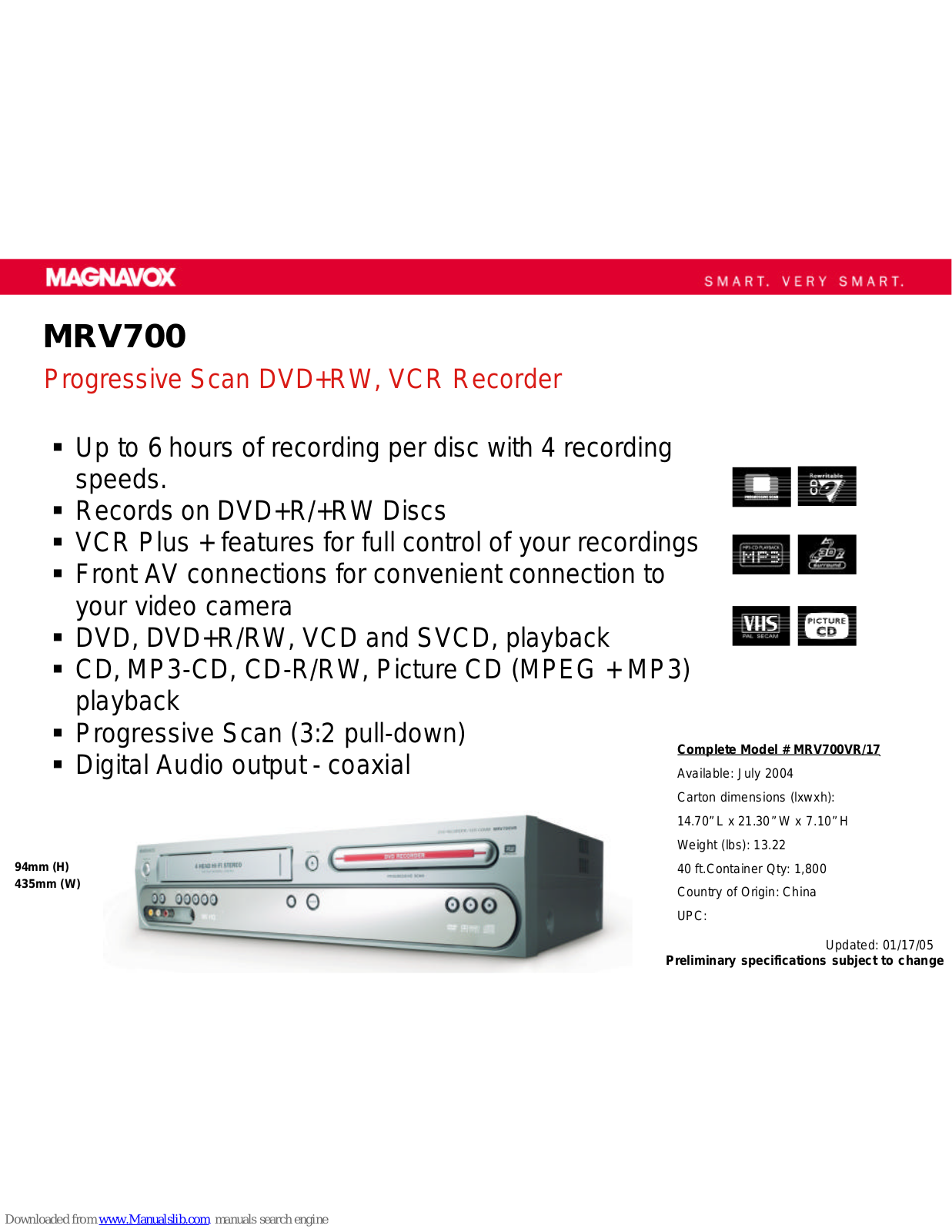 Magnavox MRV700 Specifications