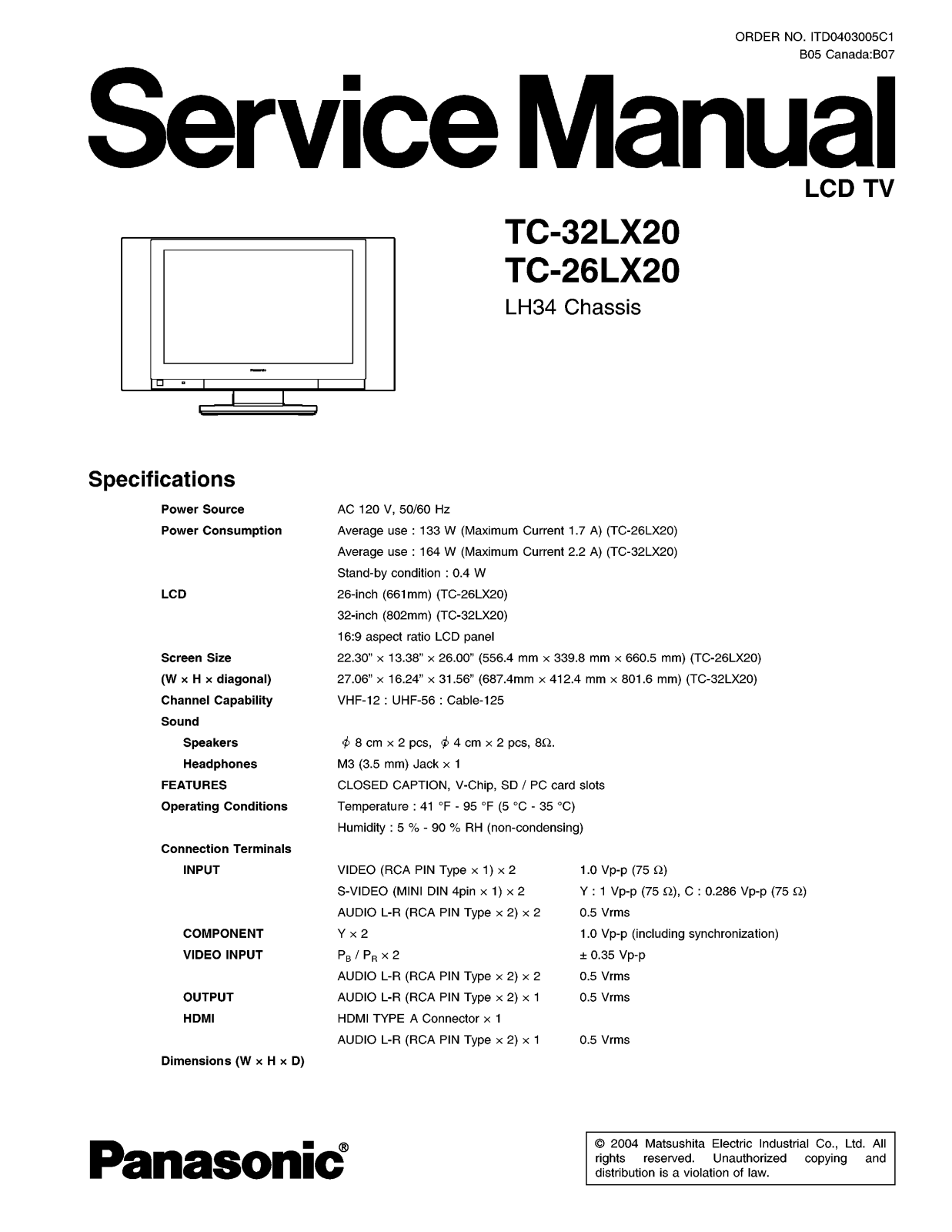 Panasonic TC-32LX20, TC-26LX20 Service manual