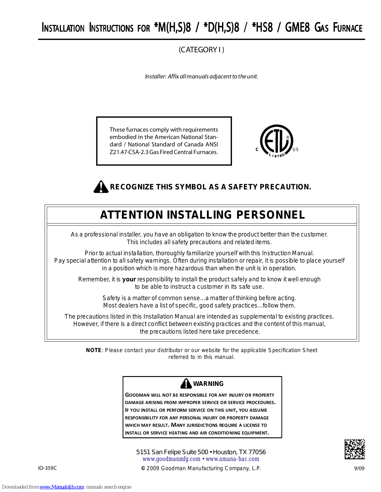 Goodman *MH8, *MS8, *DS8, *DH8, *HS8 Installation Instructions Manual