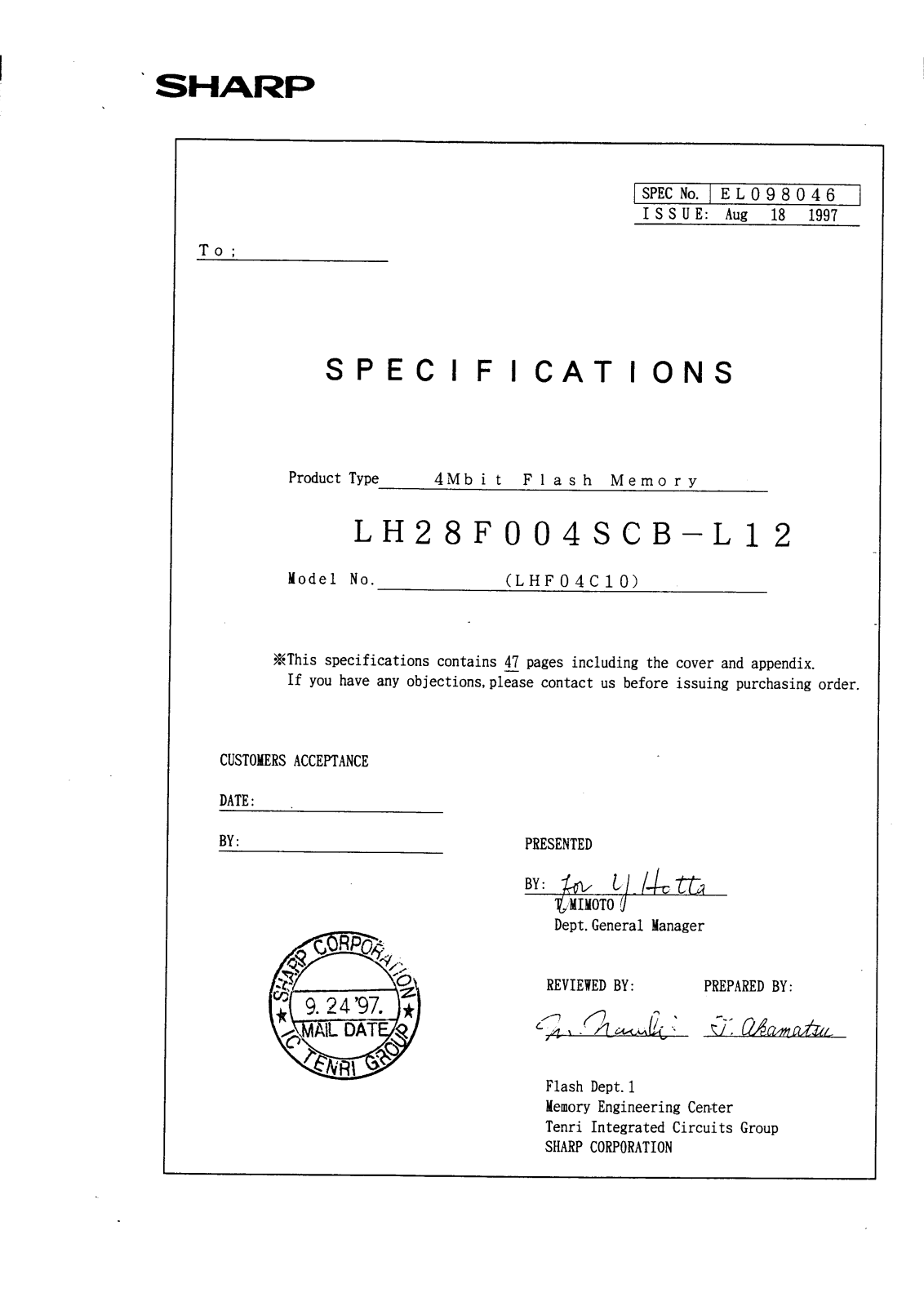 Sharp LH28F004SCT-L12, LH28F004SCN-L12, LH28F004SCHT-L12, LH28F004SCHB-L12, LH28F004SCB-L12 Datasheet