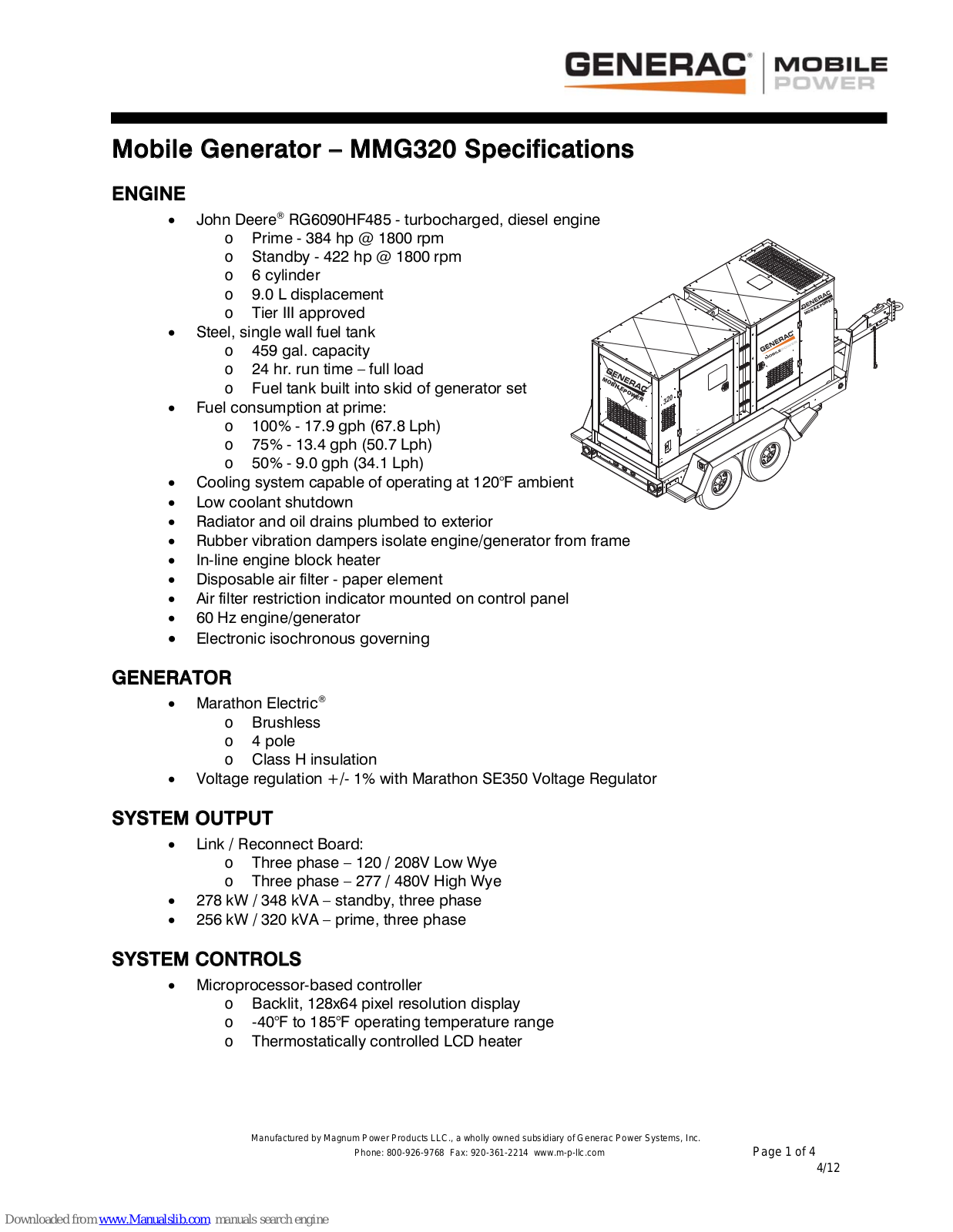 Generac Power Systems Mobile Power MMG320 Specifications