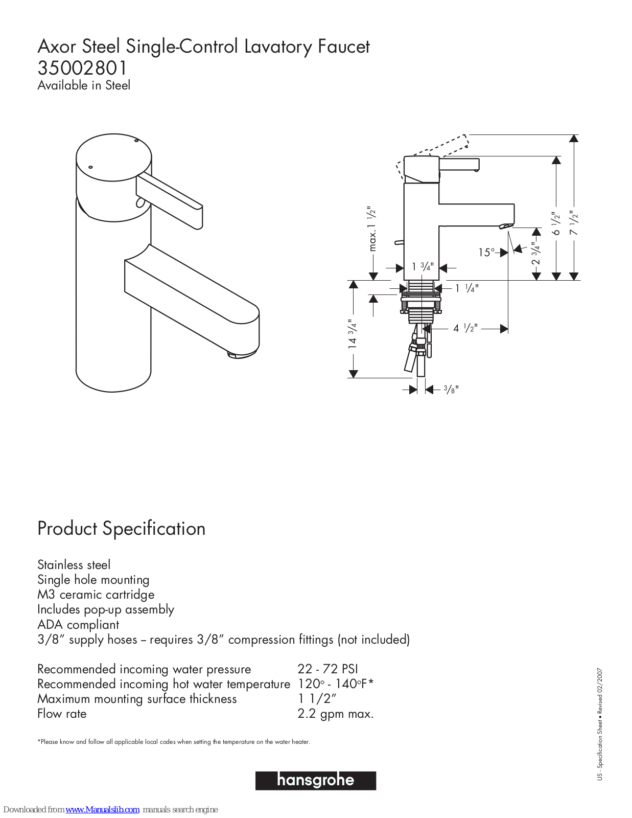 Grohe 35002801, Axor 35002801 Specification Sheet - ManualMachine.com