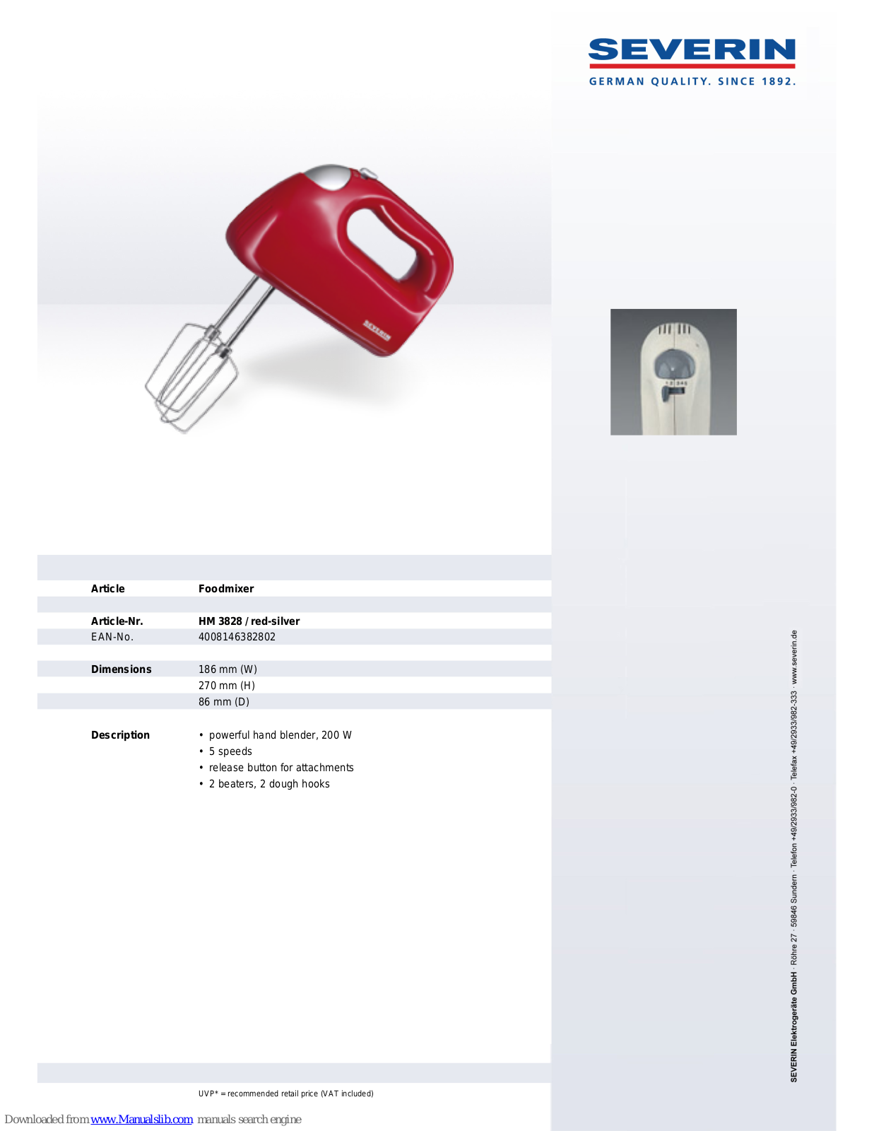 SEVERIN HM 3828,HM 3828 Dimensions