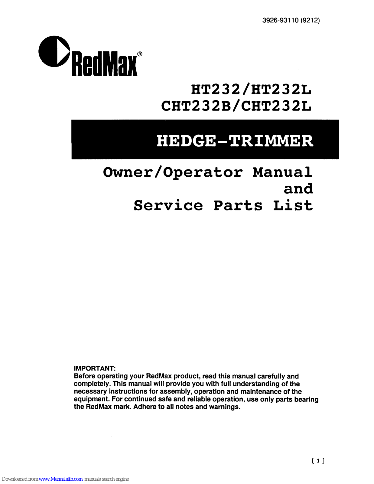 RedMax CHT232B, CHT232L, HT232, HT232L Owner's/operator's Manual