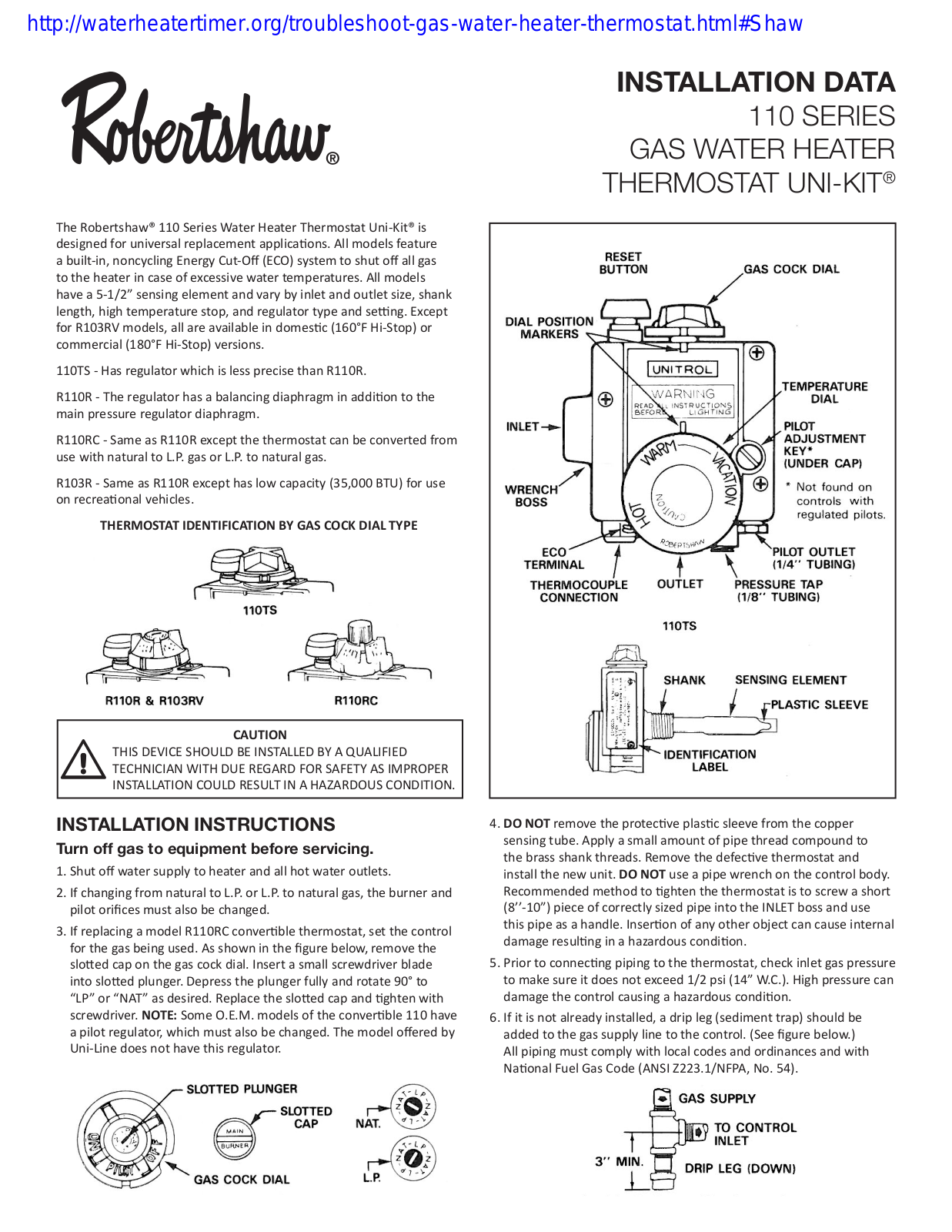 Robertshaw 110 Series, 110TS, R110RC, R110R, R103R Installation Data