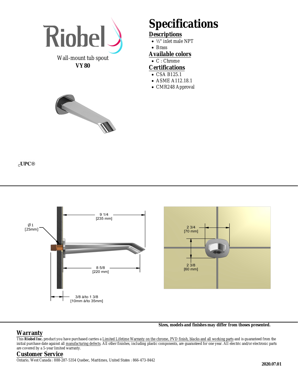 Riobel VY80C Specifications - ManualMachine.com