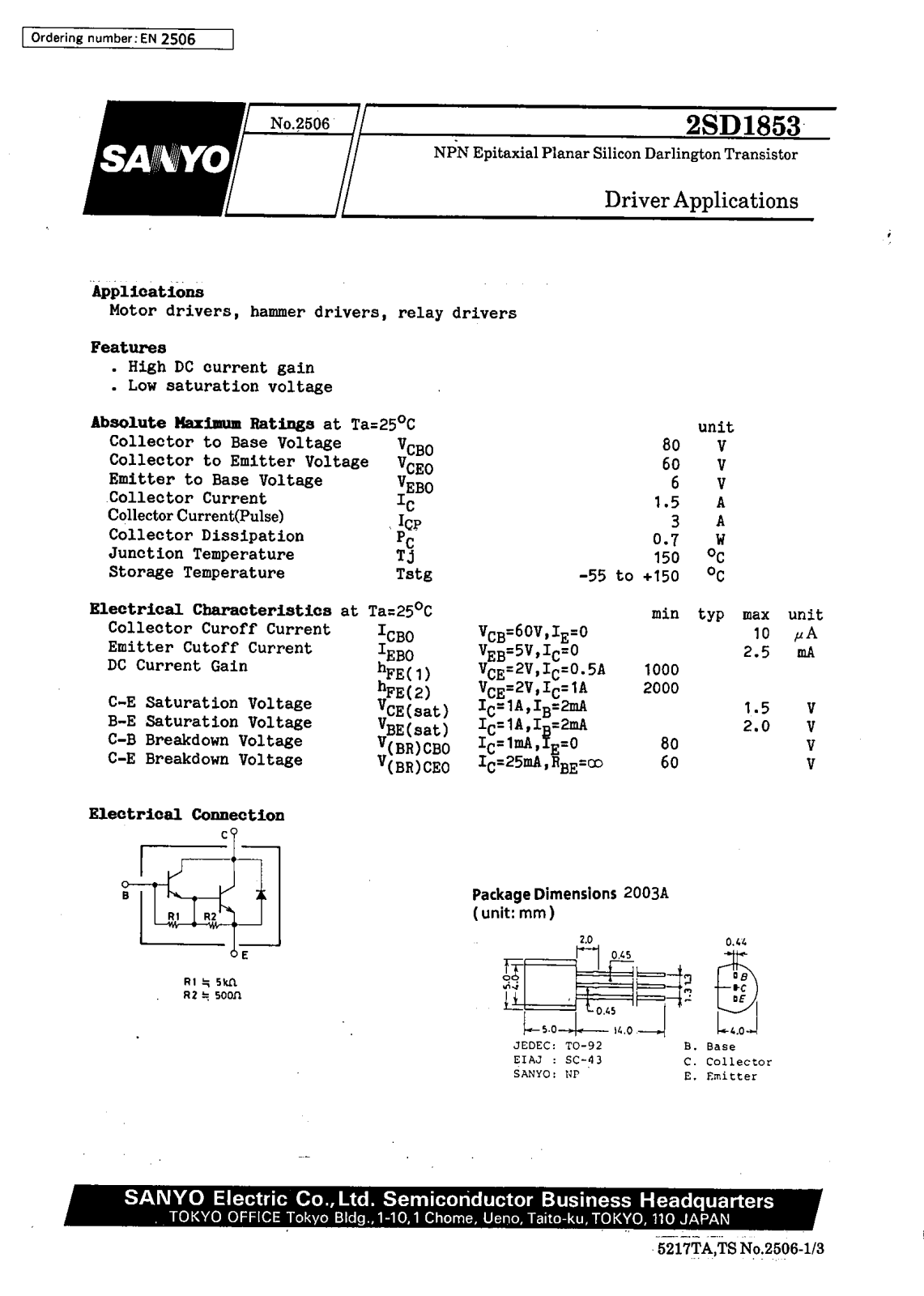 SANYO 2SD1853 Datasheet