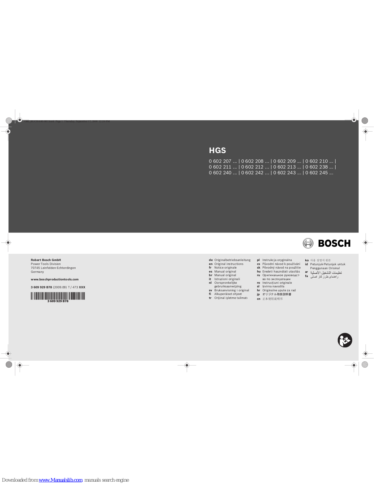 Bosch 0 602 207, 0 602 211, 0 602 212, 0 602 213, 0 602 240 Original Instructions Manual