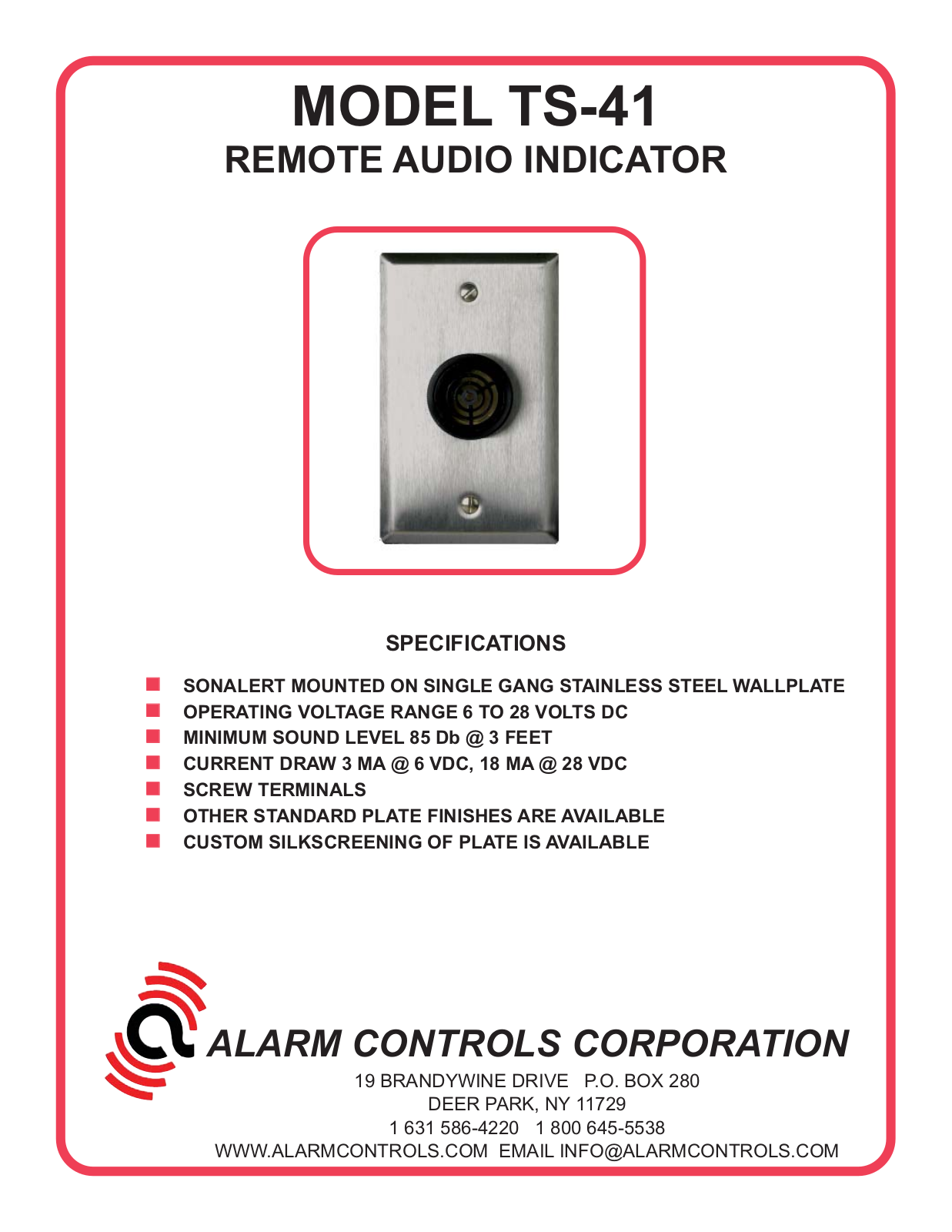 Alarm Controls TS-41 Specsheet