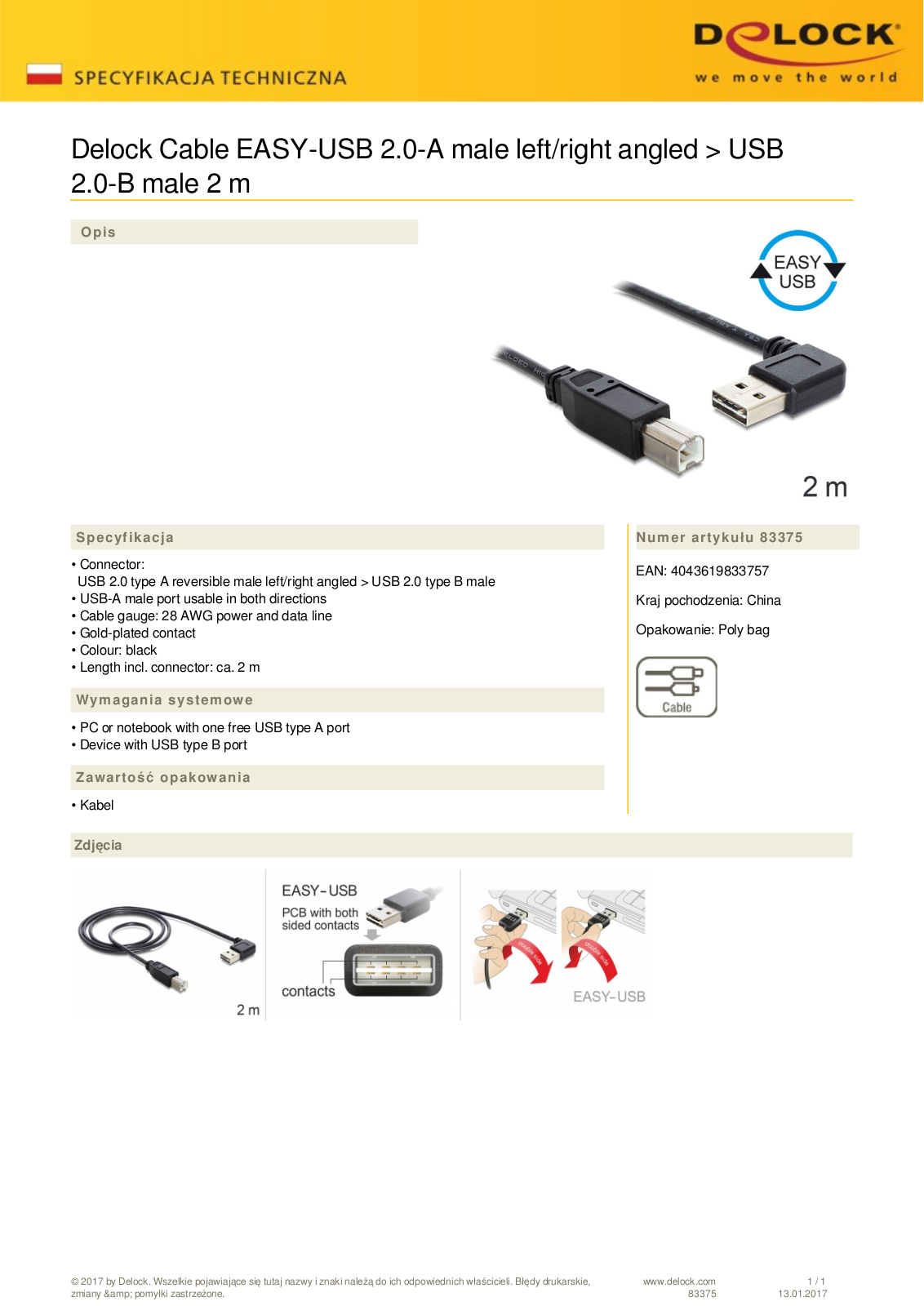 DeLOCK EASY-USB 2.0 cable, USB-A 90° horizontal angled  plug  to USB-B  plug , 2m User Manual - ManualMachine.com