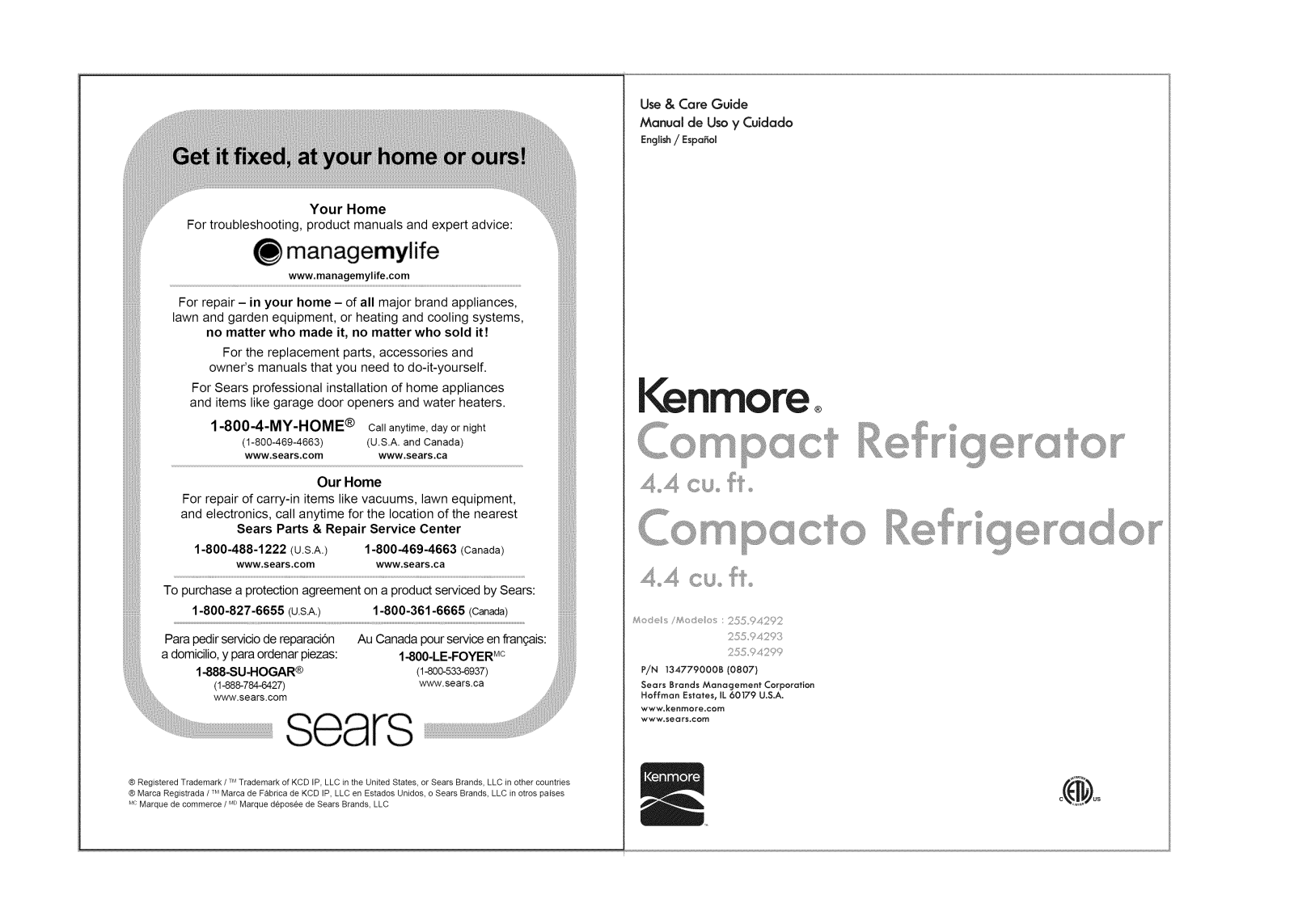 Kenmore 25594299, 25594293, 25594292 Owner’s Manual