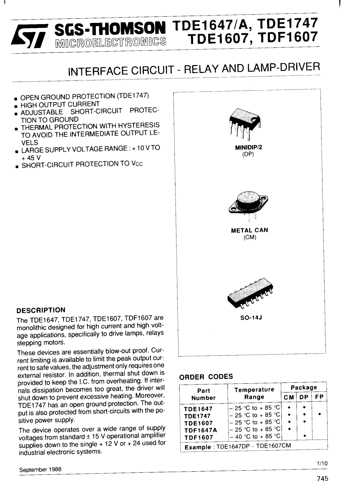 SGS Thomson Microelectronics TDF1647ACM, TDF1607DP, TDE1747FP, TDE1747DP, TDE1747CM Datasheet