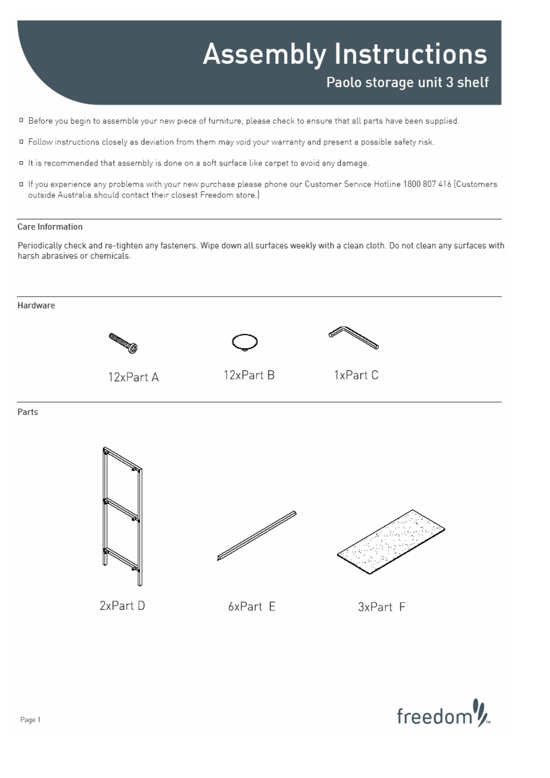 Freedom Paolo Storage Unit 3 Shelf Assembly Instruction