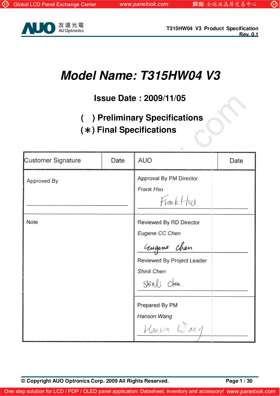 AUO T315HW04 V3 Specification