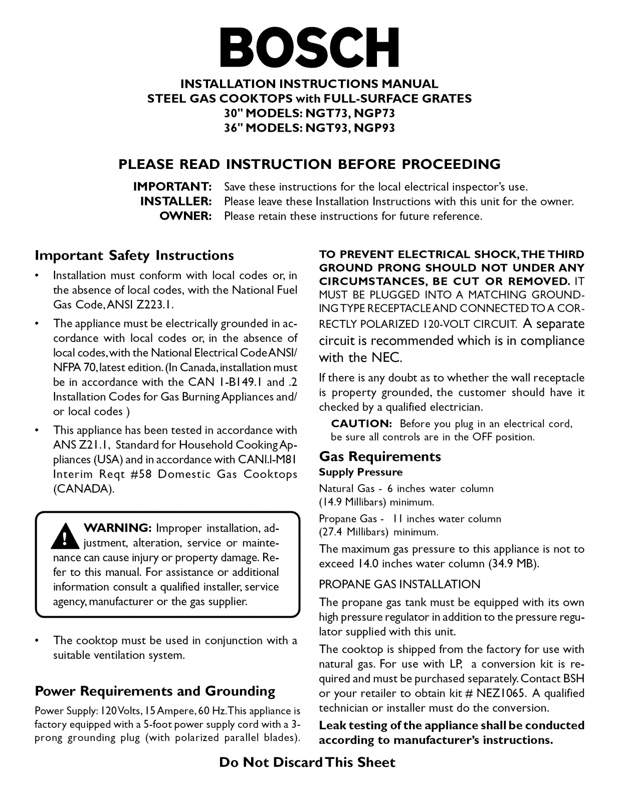 Bosch NGT936UC/01, NGT935UC/01, NGT932UC/01, NGT736UC/01, NGT735UC/01 Installation Guide - ManualMachine.com