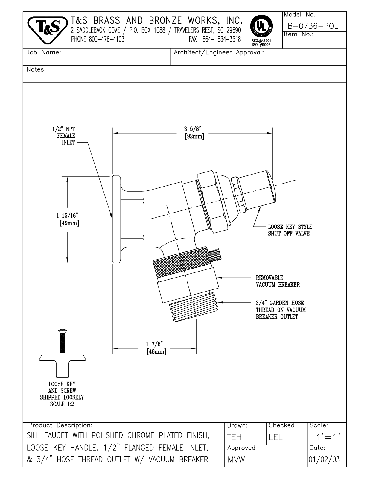 T & S Brass & Bronze Works B-0736-POL General Manual