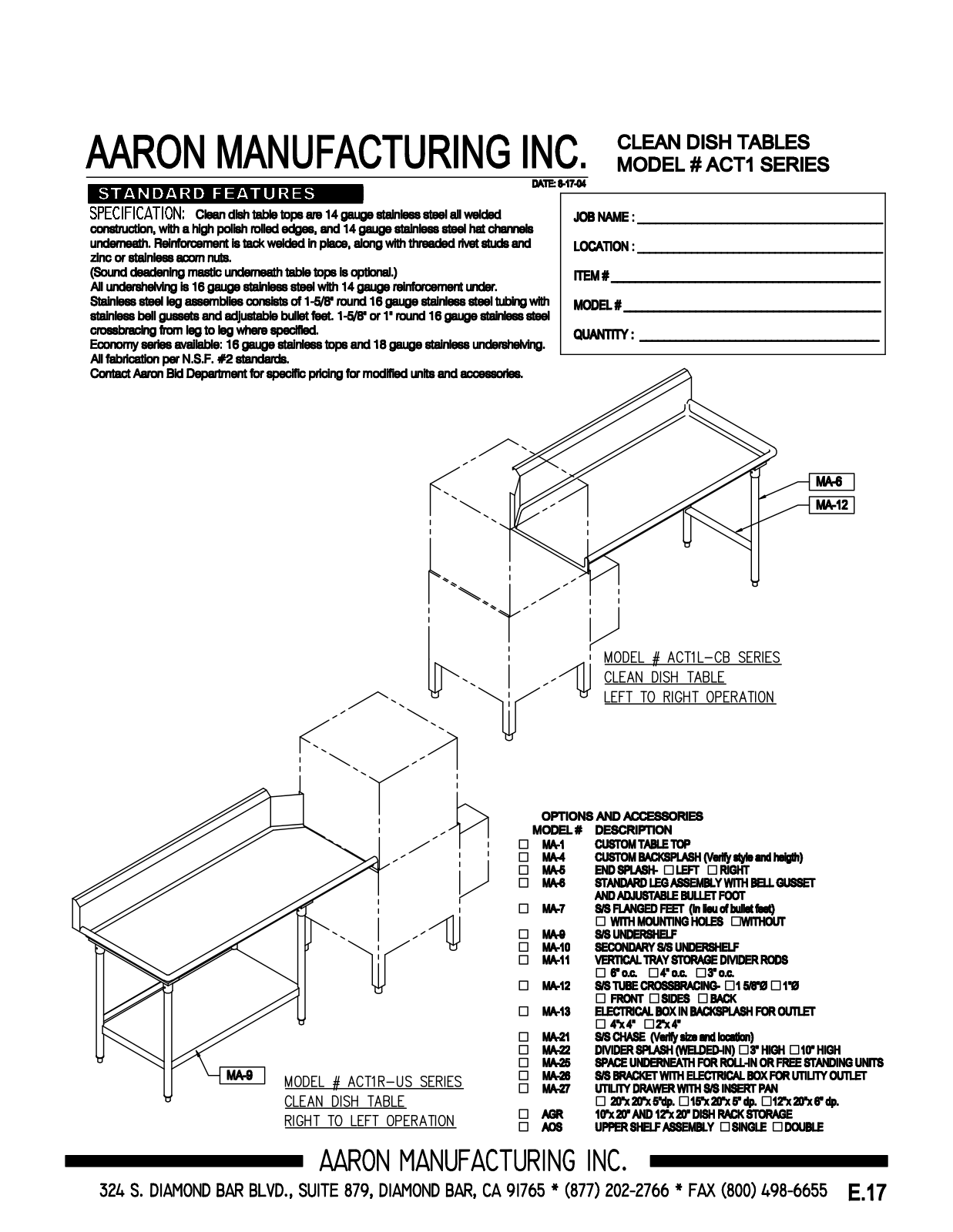 Aaron Manufacturing ACT1L-108-CB User Manual