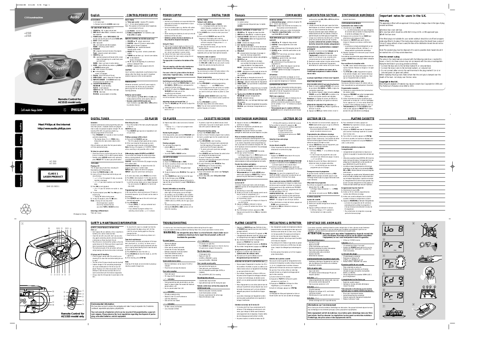 Philips AZ1515-00C, AZ1510-00C User Manual