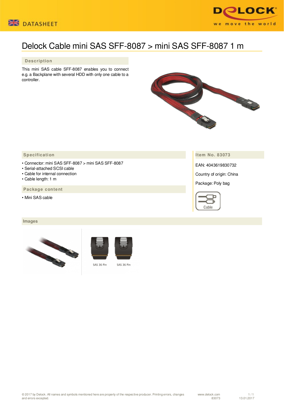 DeLOCK mini SAS  SFF-8087  cable, 1m User Manual